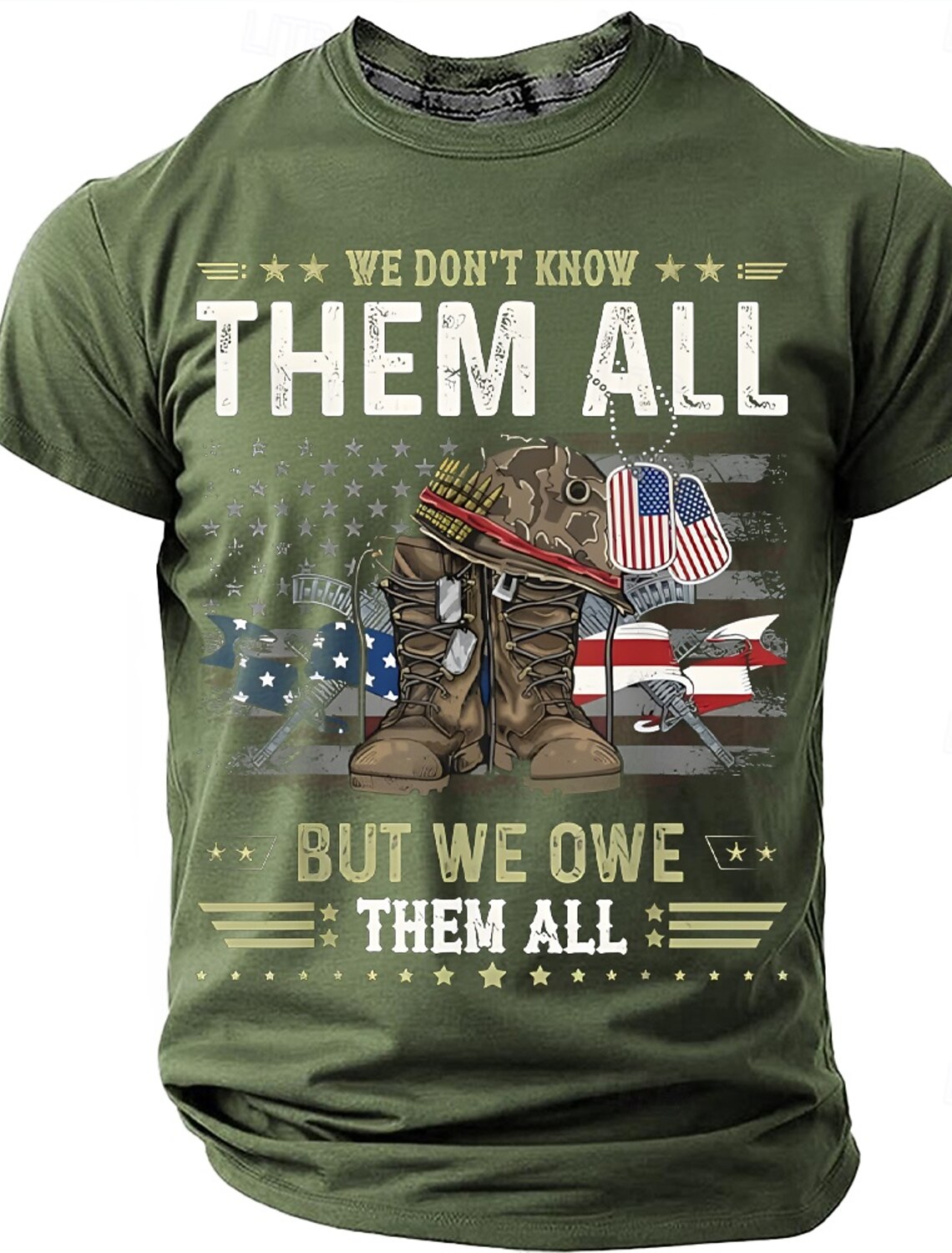 Memorial Day We Don't Know Them All But We Owe Them All Men's Combat Boots Dog Tags American Flag Patriotic Graphic T Shirt Distressed Vintage Short Sleeve Tee Designer Clothing Apparel S M L XL XXL X