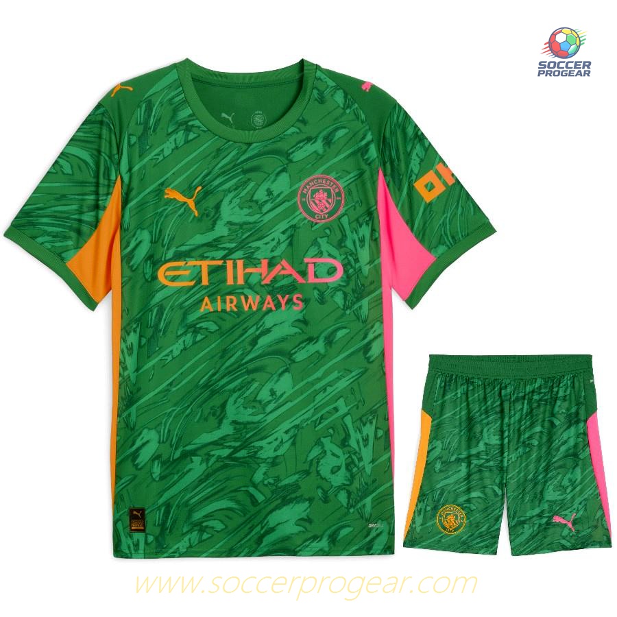 Manchester City Home Children Kit Team Jersey 2025-26 Edition Green Goalkeeper