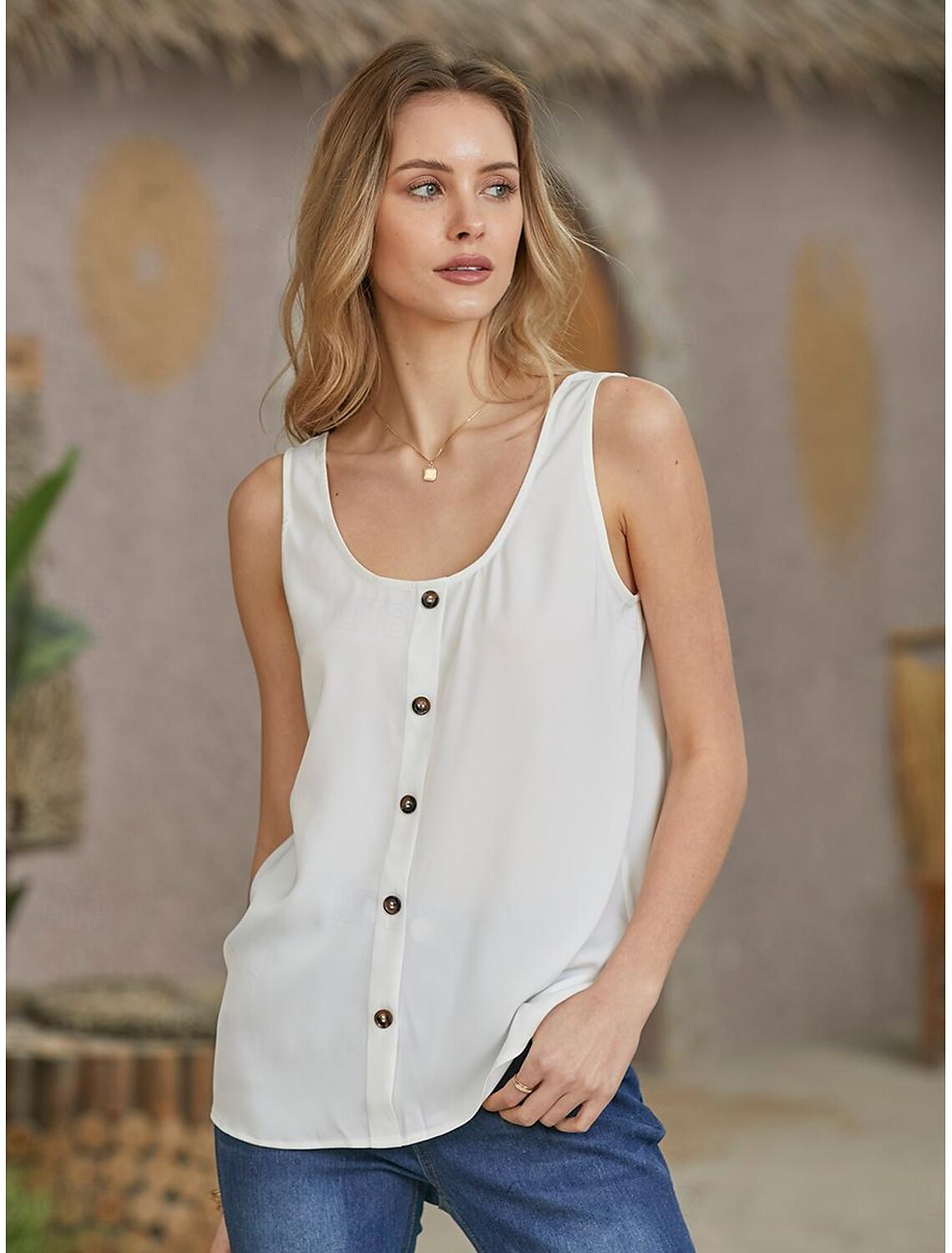 Women's ArmyGreen Black White Plain Sleeveless Daily Basic V Neck Regular S