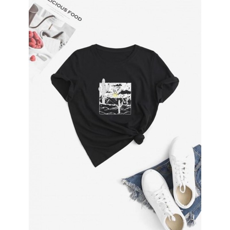 Crew Neck Desert Cactus Graphic Tee UP5162