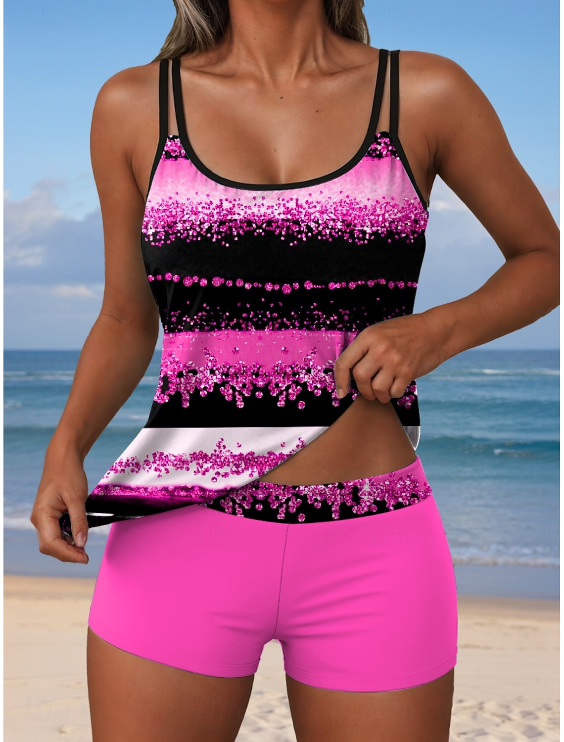 Women's Tankini 2 Piece Swimsuit Shorts Backless Vacation Beach Wear Graphic Geometric U Neck Sleeveless Bathing Suits