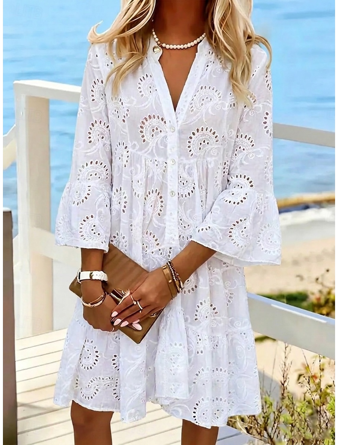 Women's Knee Length Dress White Dress Summer Dress Eyelet Dress Fashion Modern Beach Vacation Holiday Loose Fit Floral Long Sleeve Stand Collar White Yellow Pink Royal Blue Summer Spring
