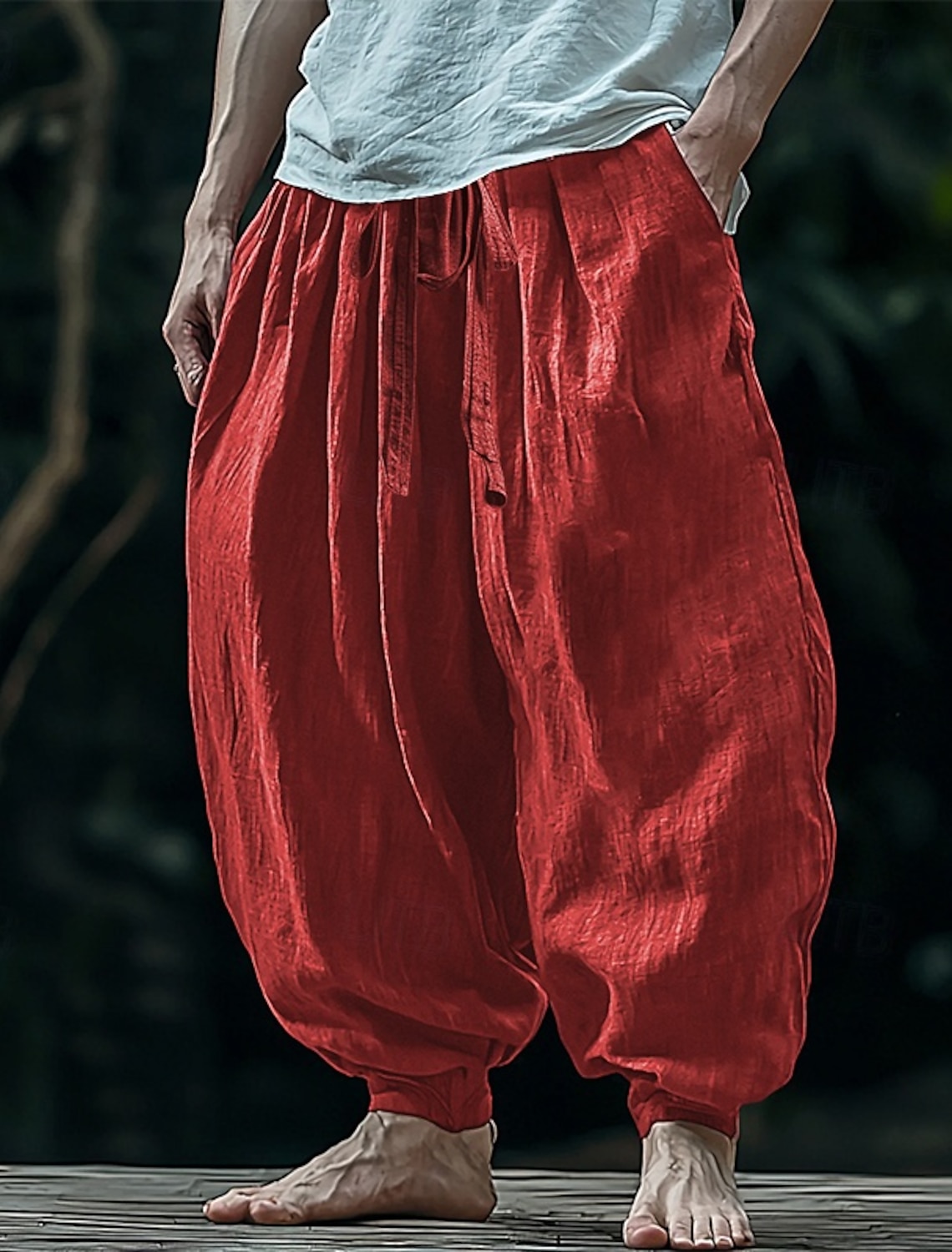 Men's Linen Pants Trousers Summer Beach Pocket Drawstring Elastic