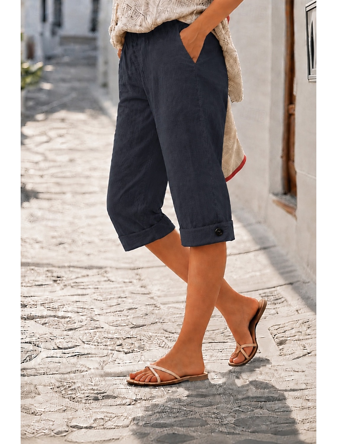 Women's Capri Pants Vacation Basic Calf-Length High Waist Comfortable Inelastic Daily Wear Black White Dark navy Light Blue Summer Spring Regular Fit