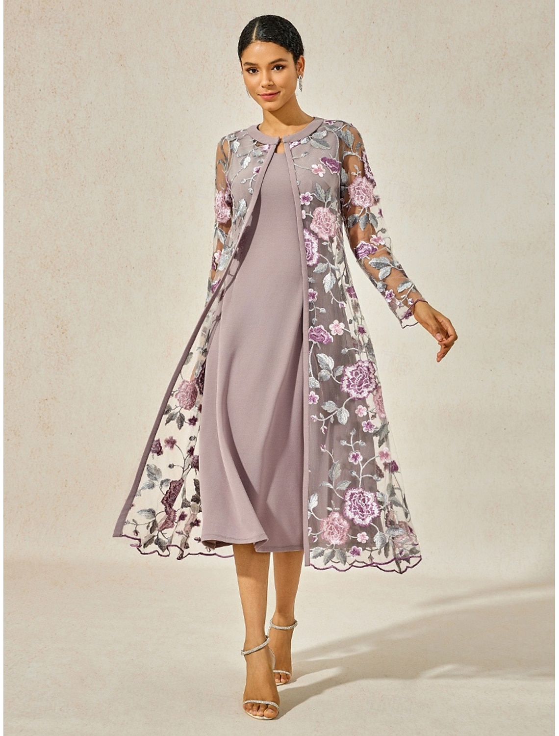 Women's Tea Length Cocktail Dress Dress Set Wedding Guest Dress A Line Dress Elegant Formal Wedding Party Regular Fit Floral Long Sleeve Crew Neck Gray Pink Summer Spring Fall