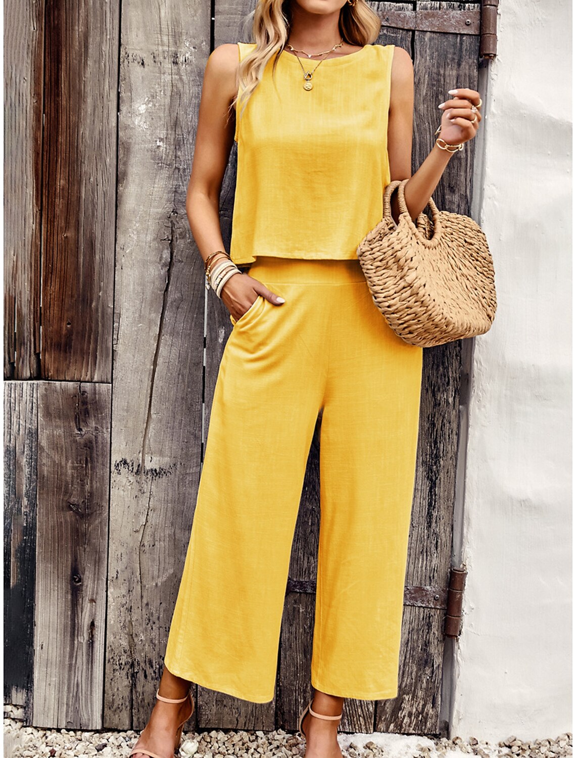 Tank Top Pants Sets Women's Solid Color Casual Daily Fashion Round Neck Regular Fit S