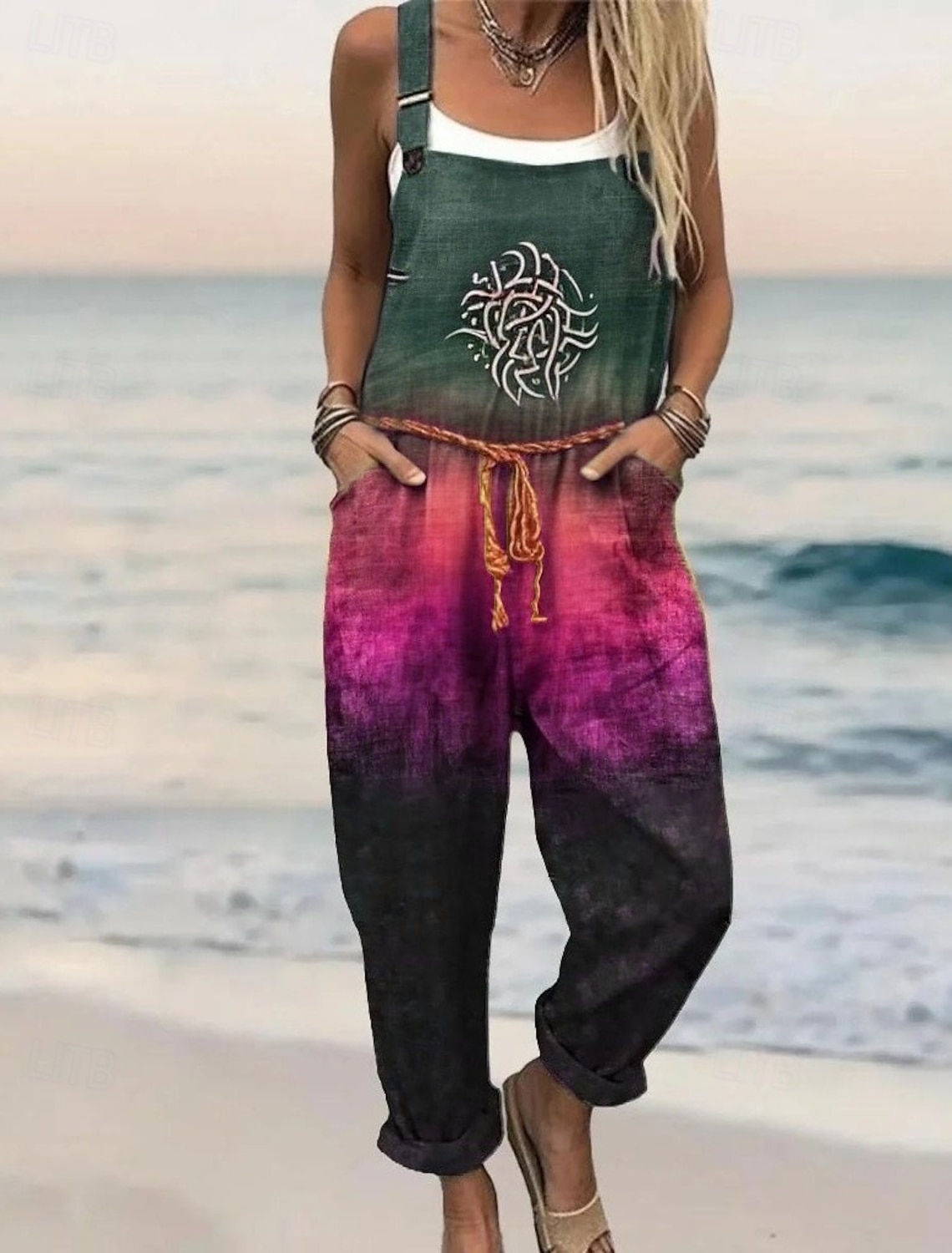 Women's Overall Active Floral Sleeveless Harem Round Neck Pocket Print Daily Home Loose Fit Blue Red Orange Summer