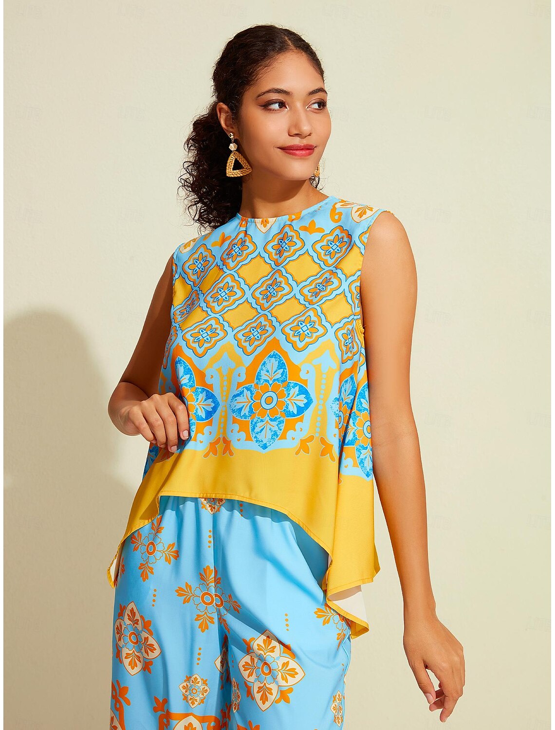 Satin Boho Double Slit Crew Neck Sleeveless Tank Top