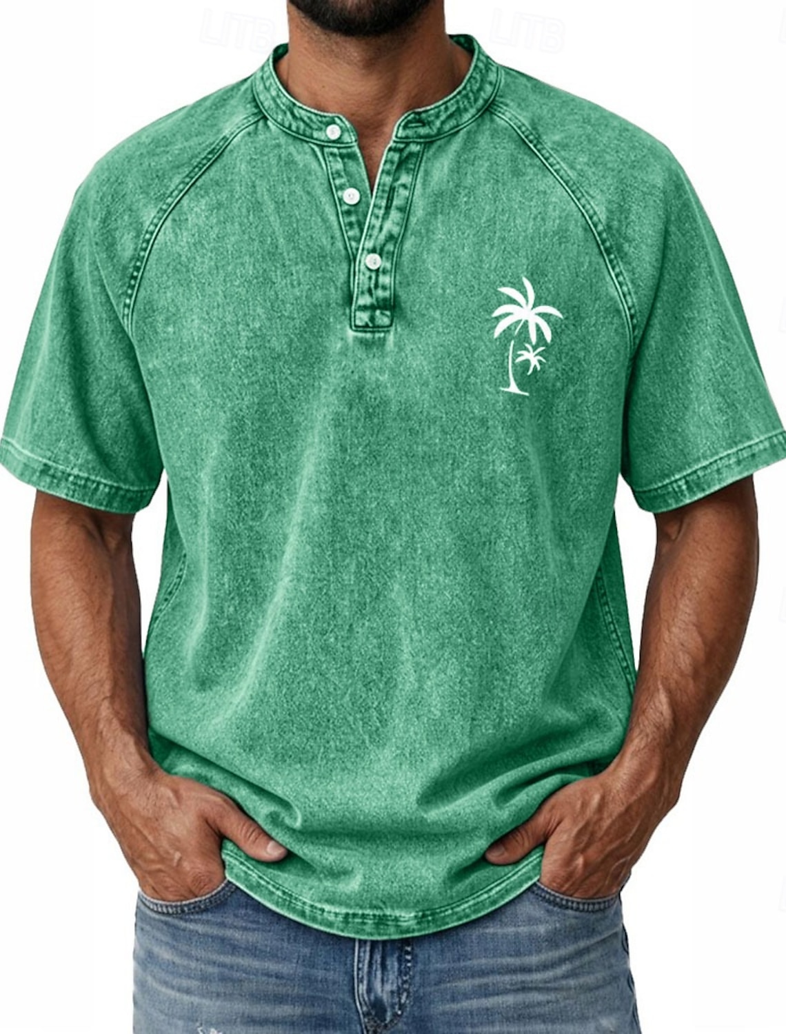 SoftFade™ Men's Coconut Tree T Shirt Demin Shirt 100% Cotton Acid Wash Shirt Short Sleeve Vintage Streetwear Casual Home Street Summer Spring Black Light Green Light Blue Stand