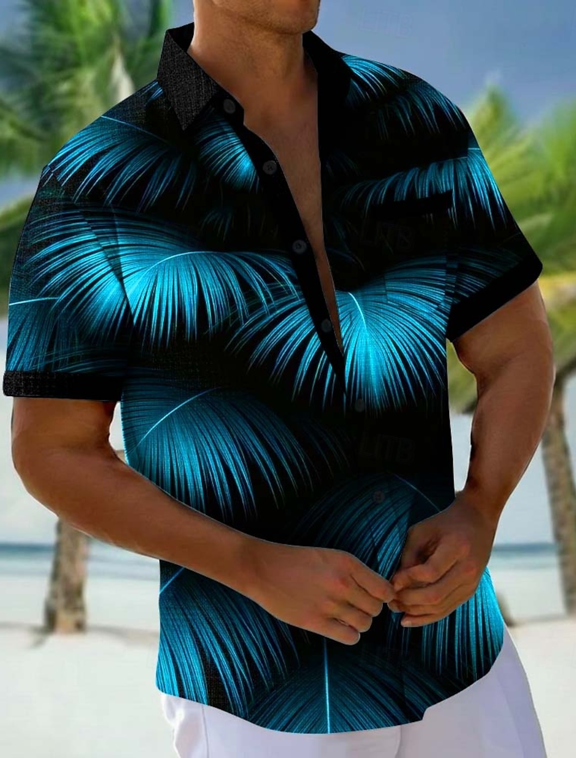 Men's Palm Leaf Tropical Plants Shirt Hawaiian Shirt Aloha Shirt Short Sleeve Hawaiian Vacation Holiday Summer Turndown 3D Print Front One Pocket Linen Like Shirt Blue Purple Green Rose Red