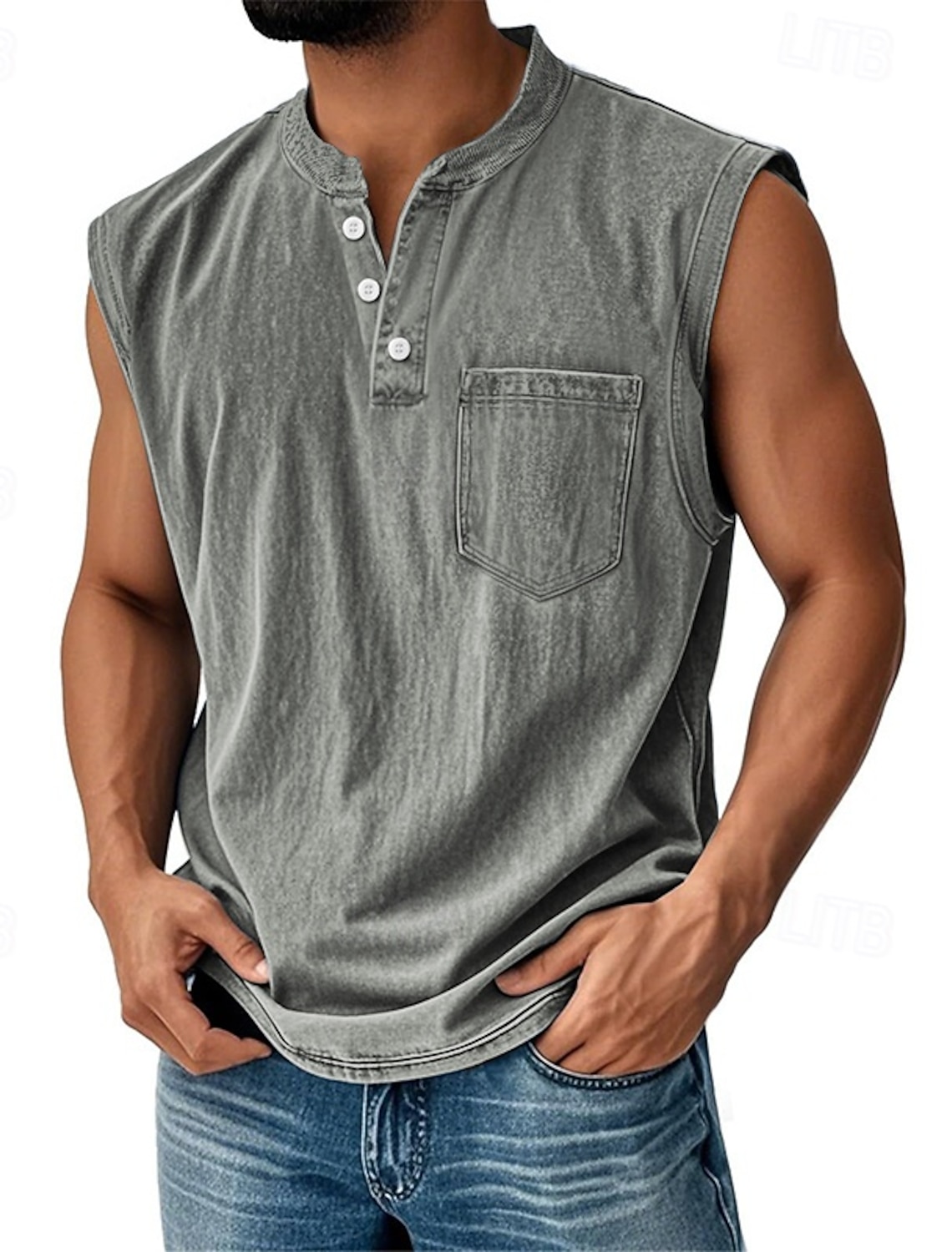 SoftFade™ Men's T Shirt Demin Shirt 100% Cotton Acid Wash Shirt Henley Top Short Sleeve Plain Vintage Streetwear Washed Raglan Sleeves Stand Collar Casual Home Street Spring Fall