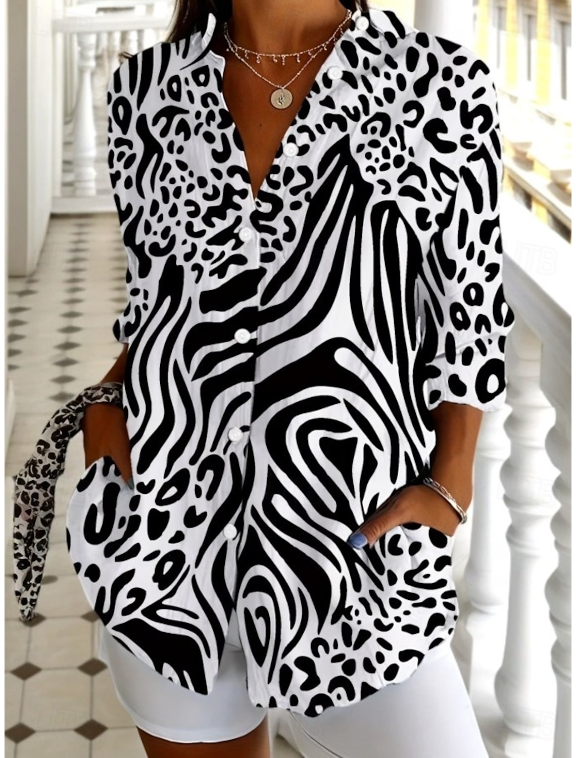 Women's Shirt Blouse Patchwork Buttons Print Graphic Geometric Plaid Vintage Tropical Daily Long Sleeve V Neck Shirt Collar Long Tops Daily Beach Wear Vacation Wear Blue Black And White Pink Green