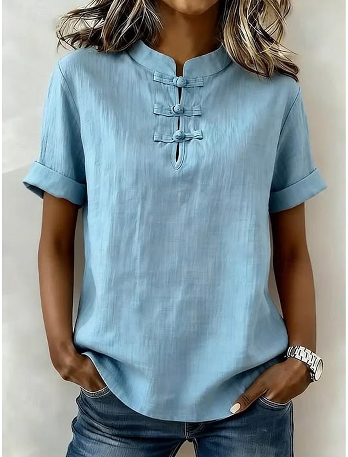 Women's Cotton Linen Shirts Blouse Stylish Short Sleeve Mandarin Collar Long Tops Blue White Pink Green khaki Summer Spring