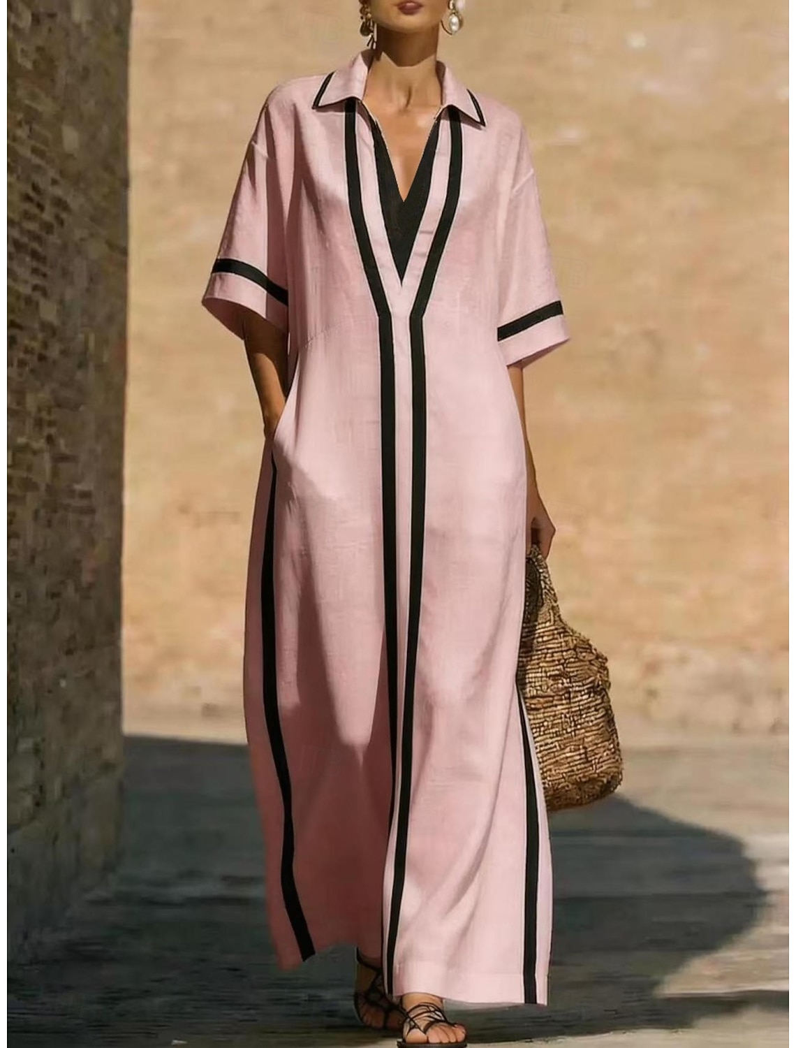 Women's Maxi Dress Casual Dress Summer Dress Elegant Basic Classic Daily Vacation Regular Fit Plain Half Sleeve Shirt Collar Black White Pink Apricot Summer Spring