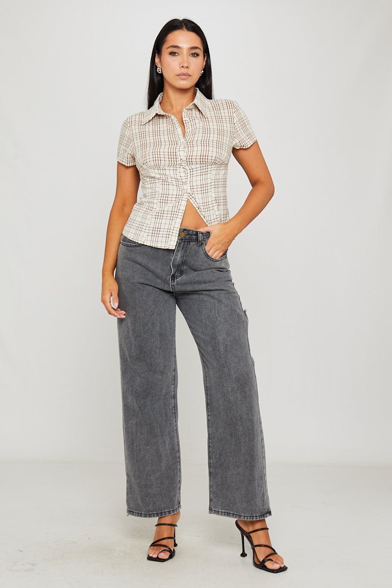 Brown Check Collared Button Front Short Sleeve Shirt