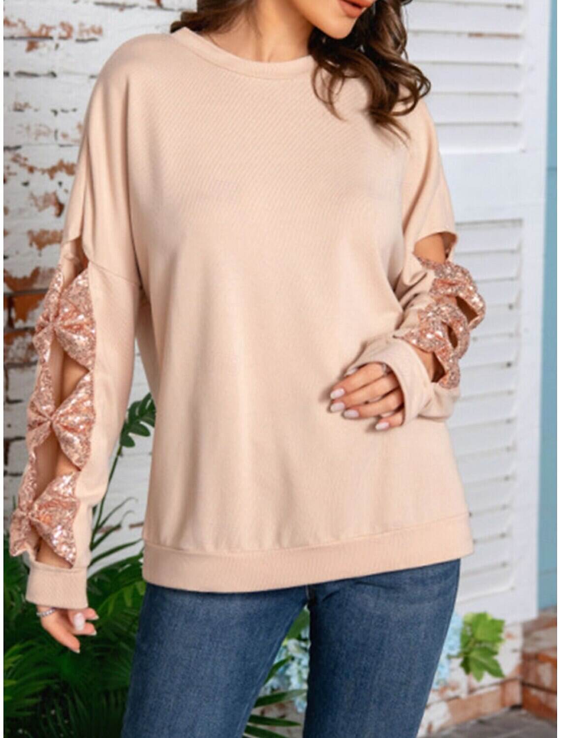 Women's Shirt Blouse Basic Casual Solid Color Regular Tops Long Sleeve Crew Neck Sequins Patchwork Bow Regular Fit Daily Fall Winter