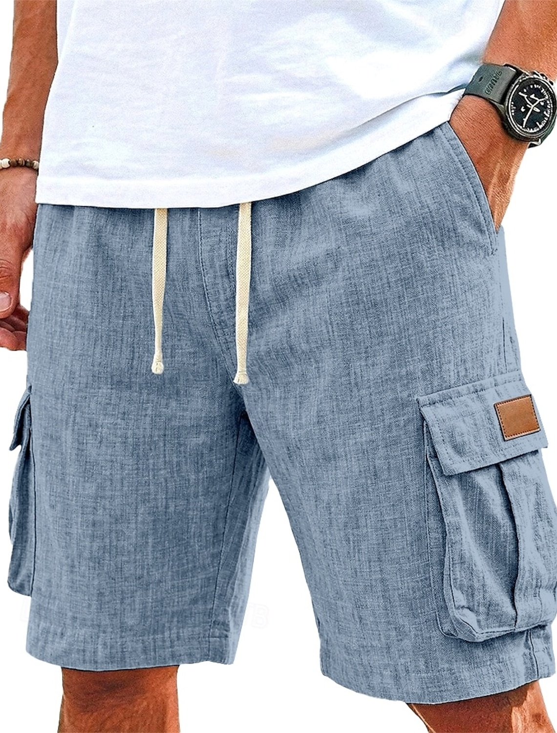 Men's Shorts Linen Shorts Summer Shorts Beach Shorts Drawstring Elastic Waist Multi Pocket Plain Comfort Breathable Knee Length Daily Outdoor Holiday Vacation Fashion Black Green Inelastic