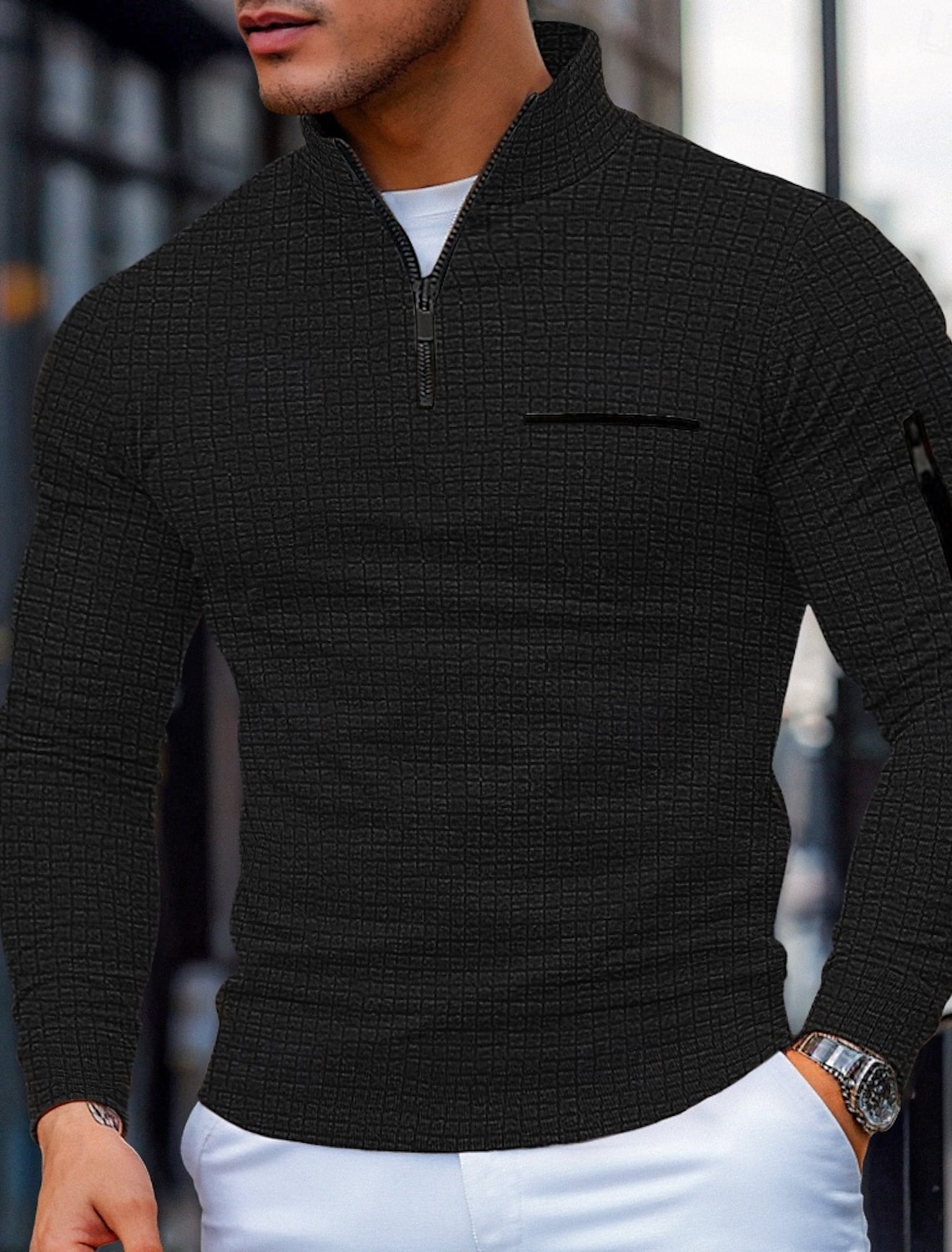 Men's Waffle Polo Shirts Zip Casual Holiday Quarter Short Sleeve