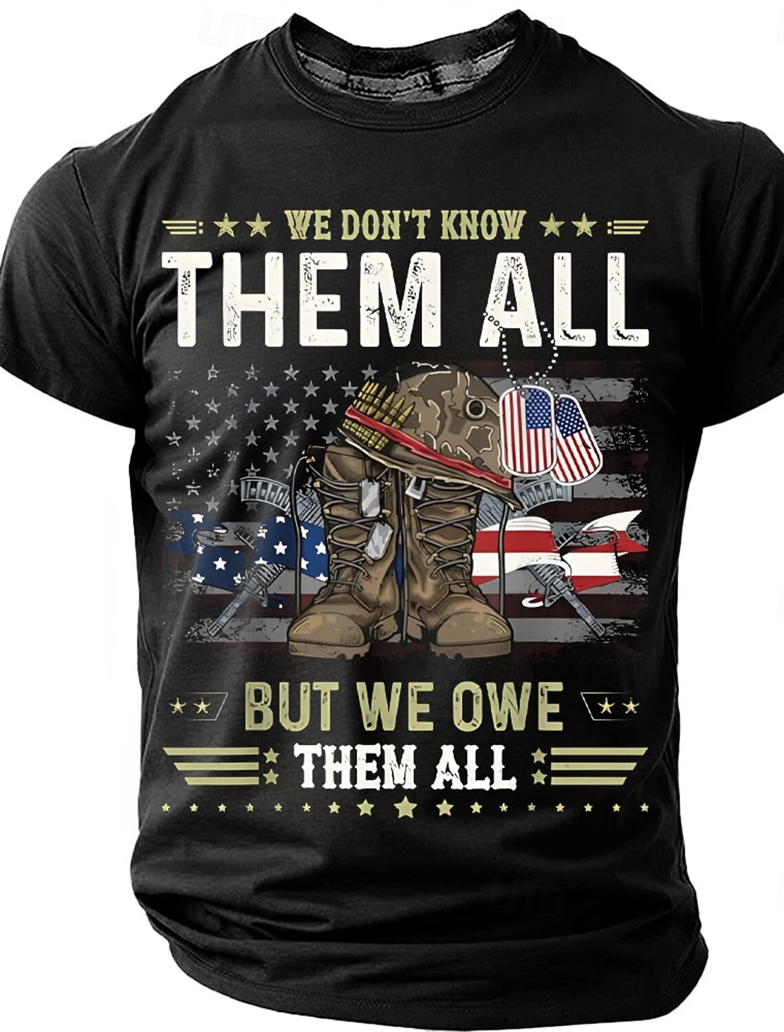 Memorial Day We Don't Know Them All But We Owe Them All Men's Combat Boots Dog Tags American Flag Patriotic Graphic T Shirt Distressed Vintage Short Sleeve Tee Designer Clothing Apparel S M L XL XXL X