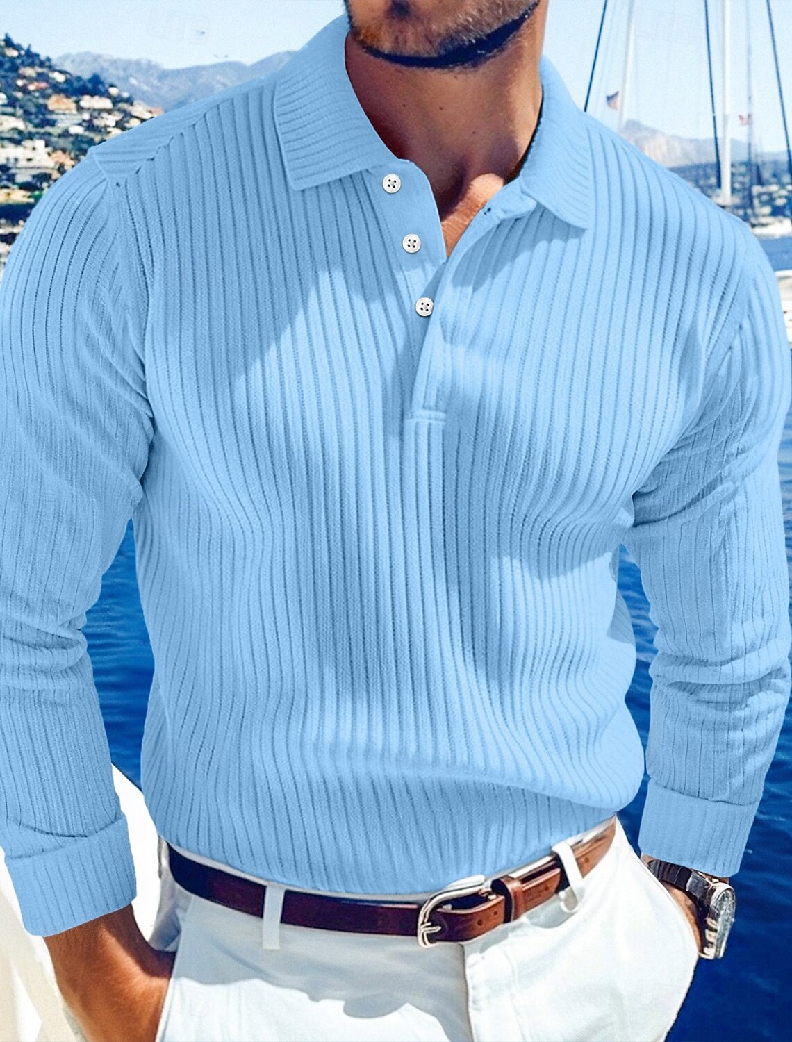 Men's Rib Knit Top Textured Casual Work Lapel Ribbed Polo Collar Short