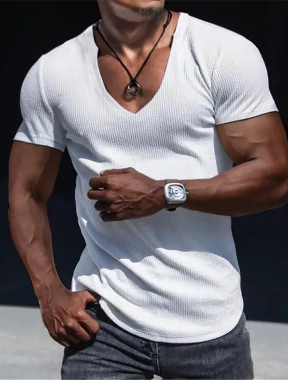 Men's T Shirt Rib Knit Top Muscle Ribbed tee Short Sleeves V Neck