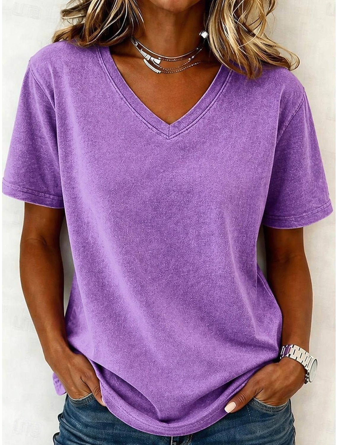 Women's 100% Cotton T-Shirts - Quality Vintage Short Sleeve V Neck Tee