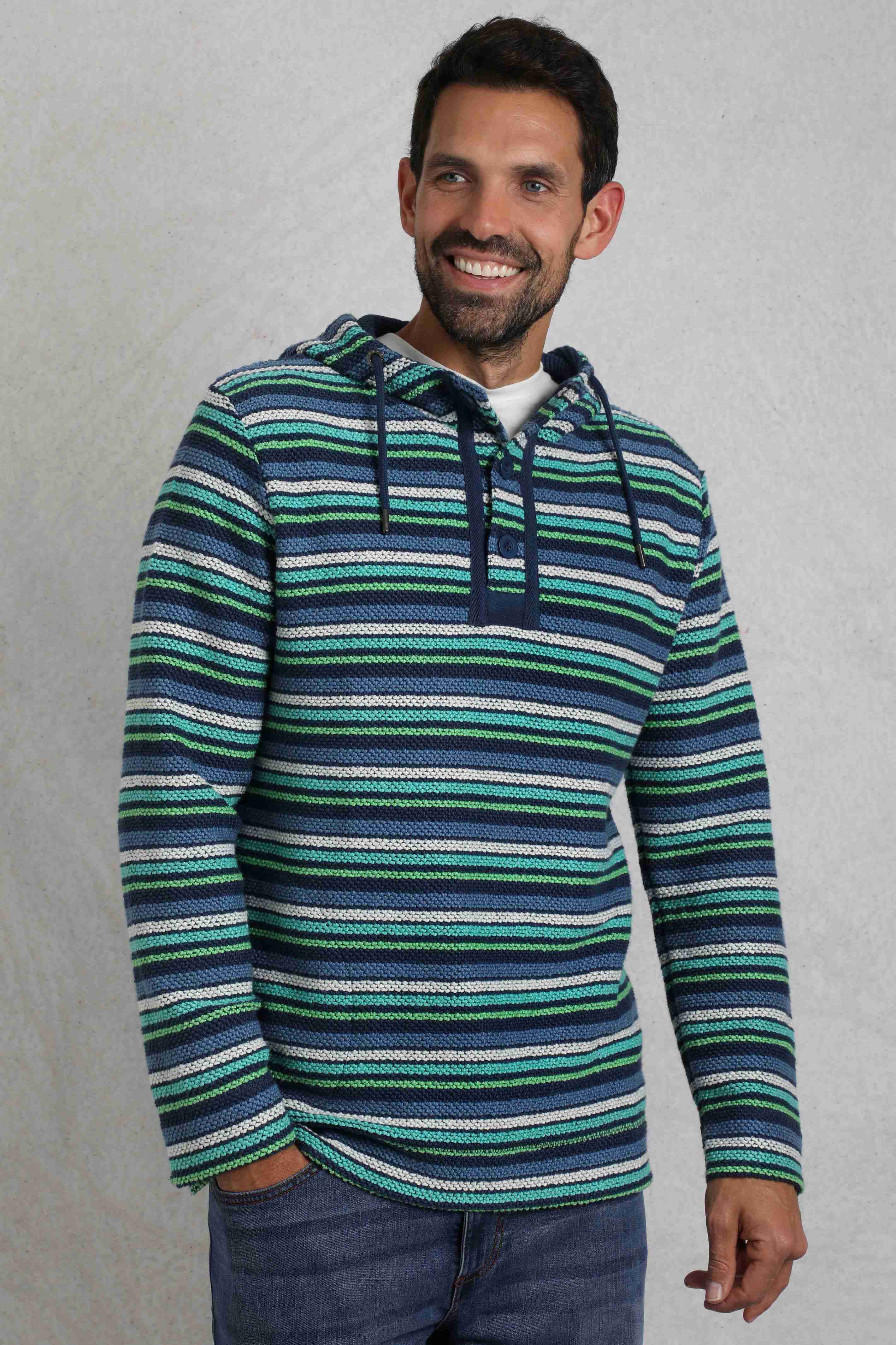 Payson Button Neck Striped Macaroni Hoodie Ensign Blue