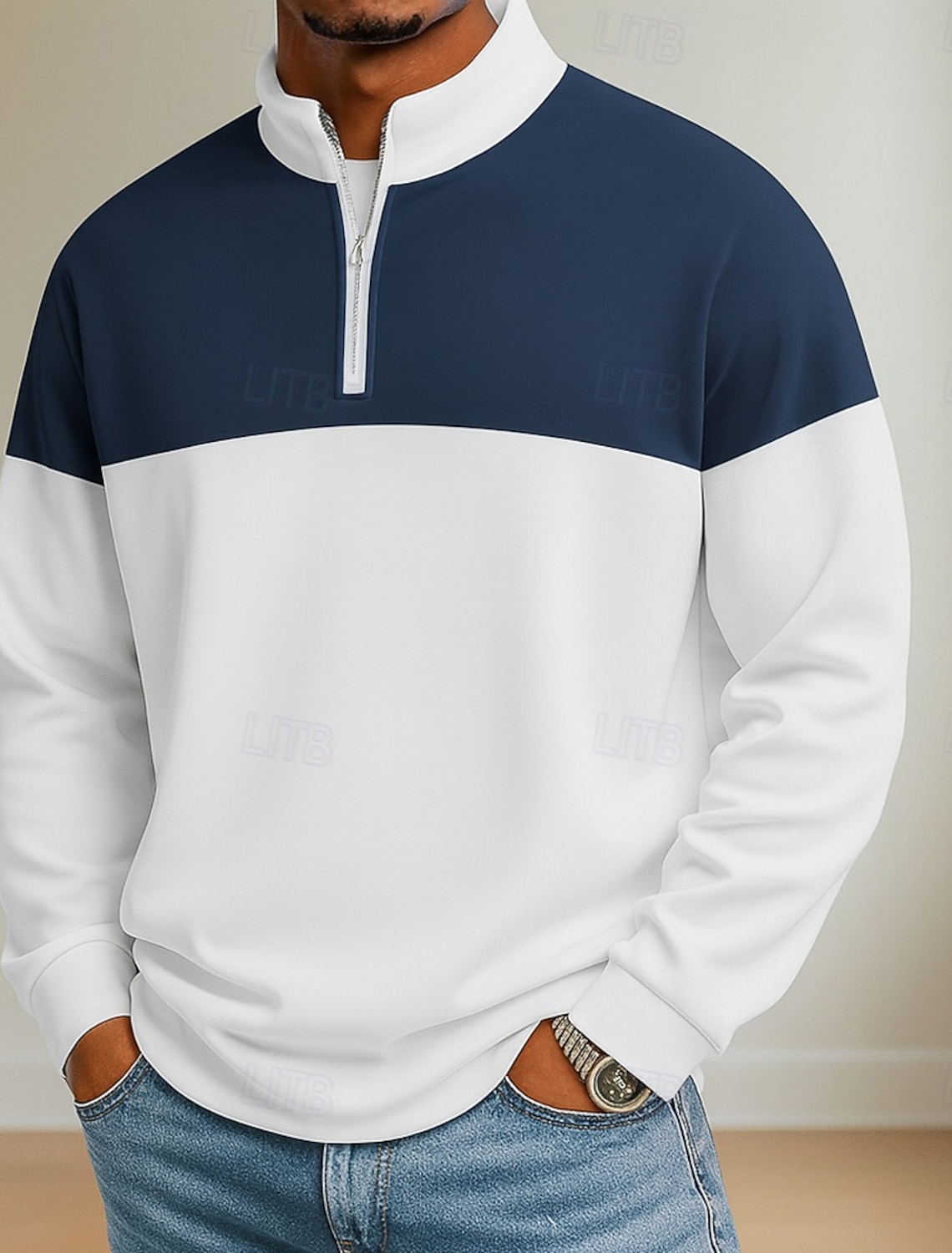 Men's Color Block Zip Polo Shirts Long Sleeve Grandad Collar Casual