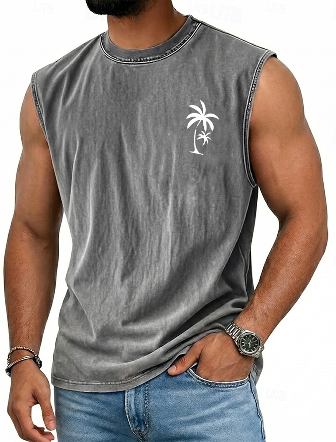 SoftFade™ Men's Coconut Tree T Shirt Demin Shirt 100% Cotton Acid Wash Shirt Short Sleeve Vintage Streetwear Casual Home Street Summer Spring Black Light Green Light Blue Stand