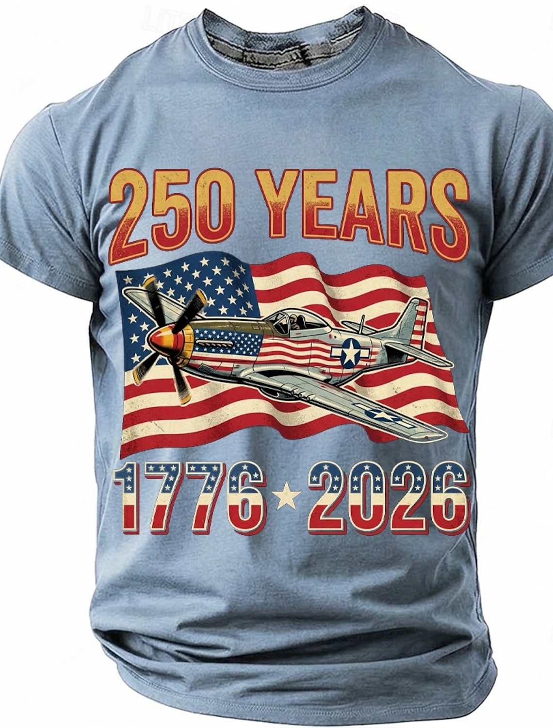 250th Anniversary July 4th 2026 Men's 250 Years 1776-2026 P-51 Mustang Fighter Plane Graphic T Shirt Short Sleeve Crew Neck Patriotic USA Flag Aviation Veteran Gift Designer Clothing Apparel