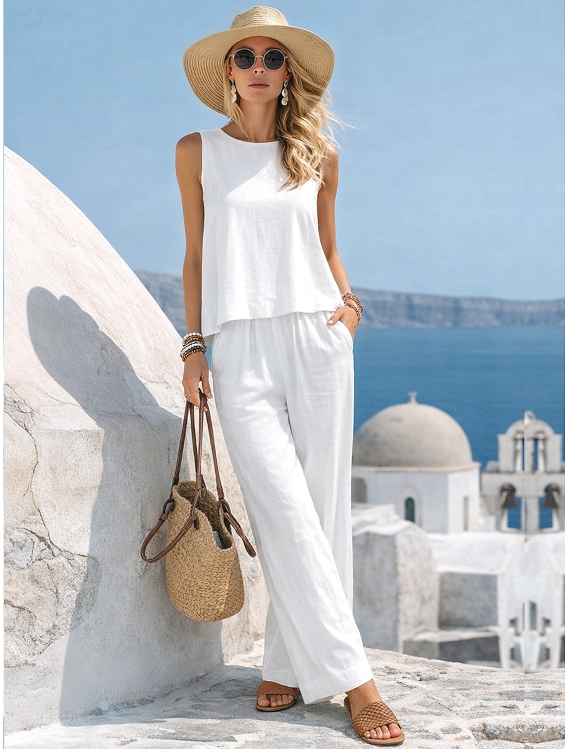 Women's Cotton Linen Sets Cotton Linen Vest Pants Sets Sleeveless Crew Neck Solid Color Fashion Streetwear Casual Daily Outdoor White Yellow Beige Summer Regular Fit