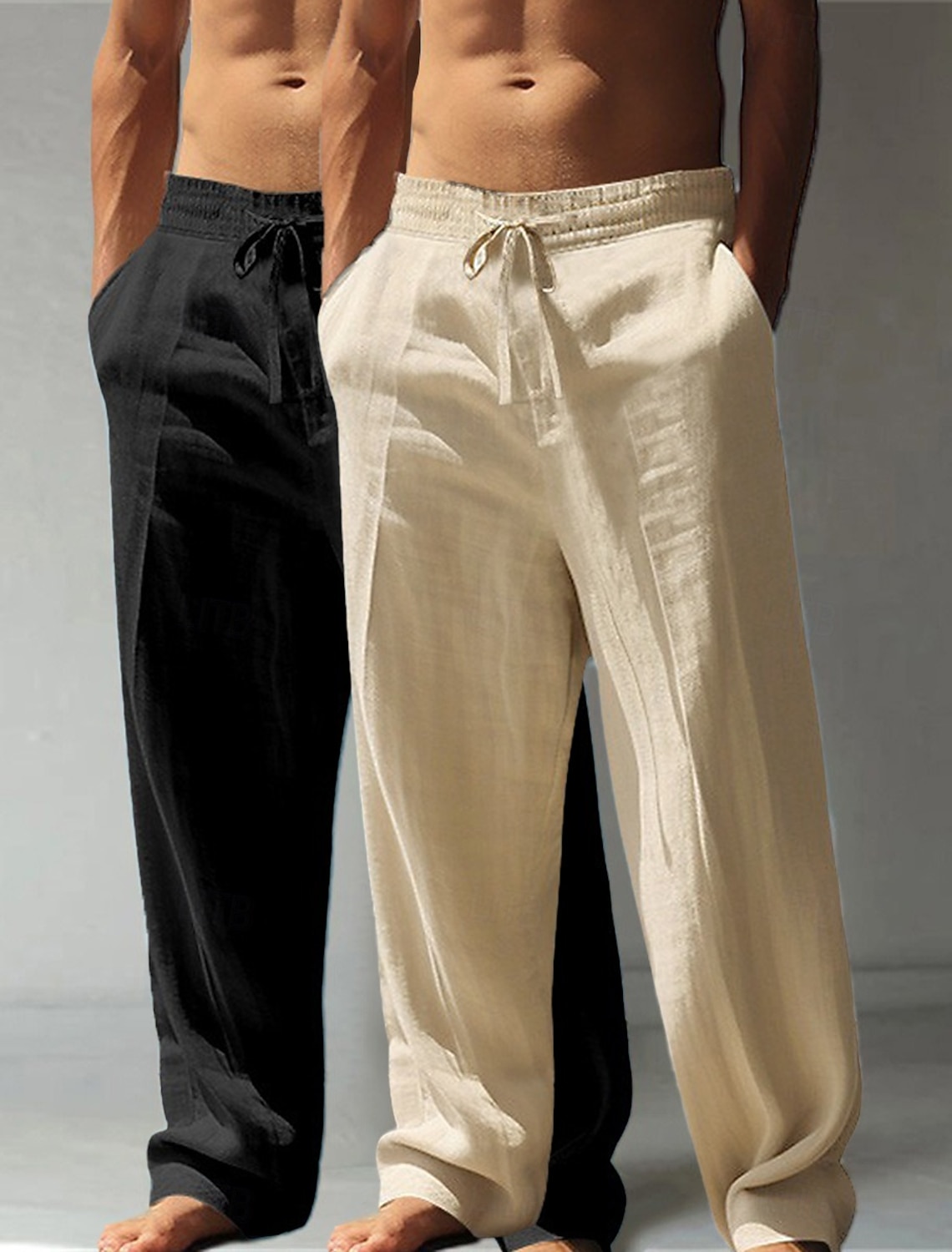 Men's Linen Pants Trousers Summer Pants Baggy Pants Beach Pants Drawstring Elastic Waist Straight Leg Plain Comfort Breathable Full Length Casual Daily Holiday Vacation Classic Style Green+Gray