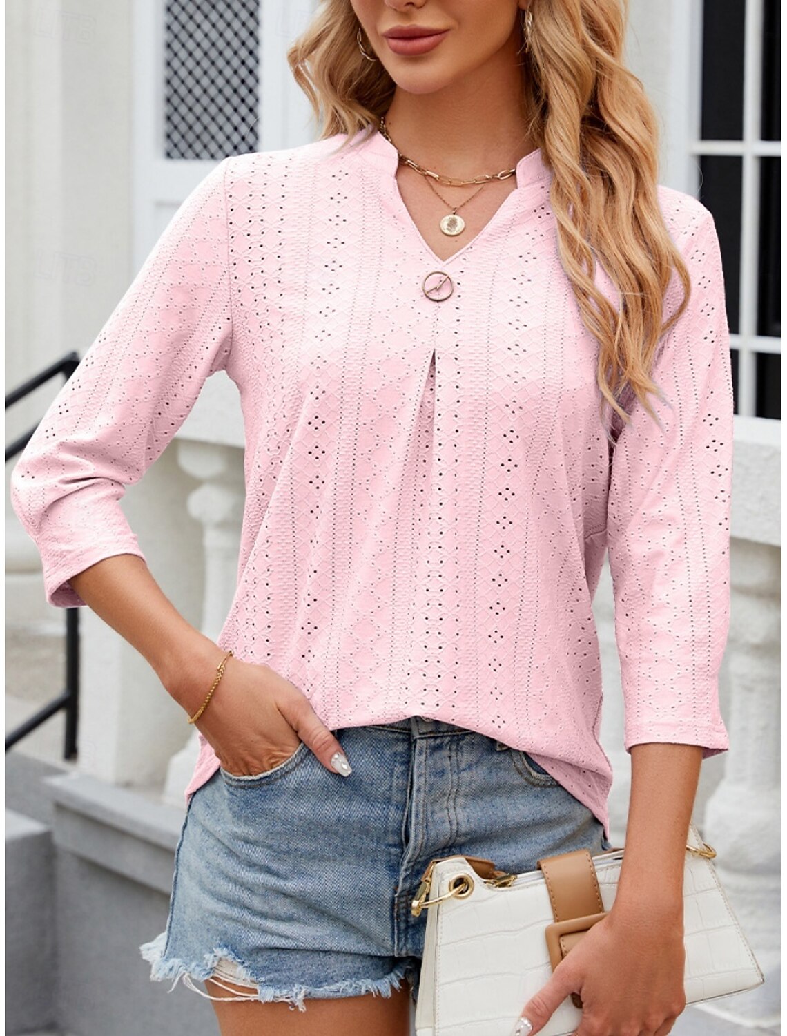Women's Shirt Blouse Stylish Casual Floral Regular Tops Long Sleeve Notched Neck Eyelet Regular Fit Daily Summer Spring