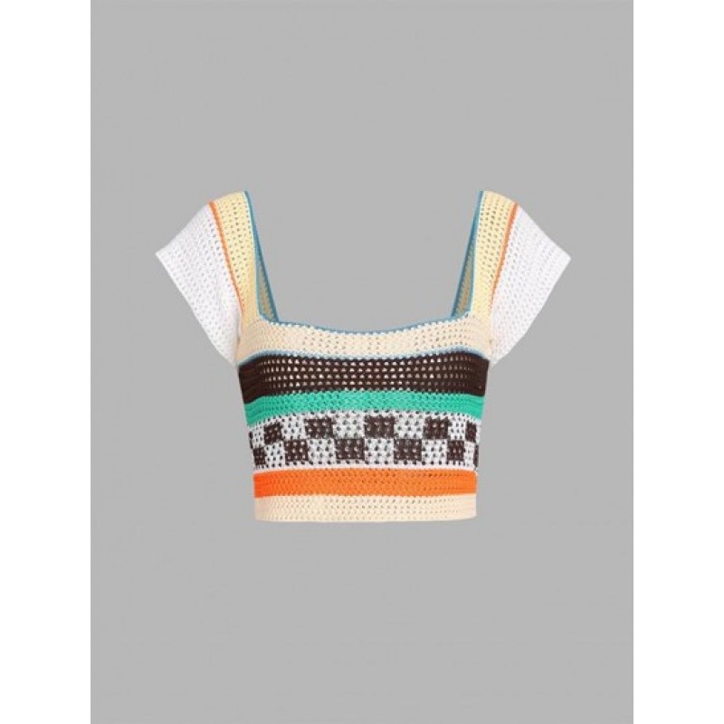 Openwork Crochet Checkered Striped Cap Sleeve Crop Top EM2890