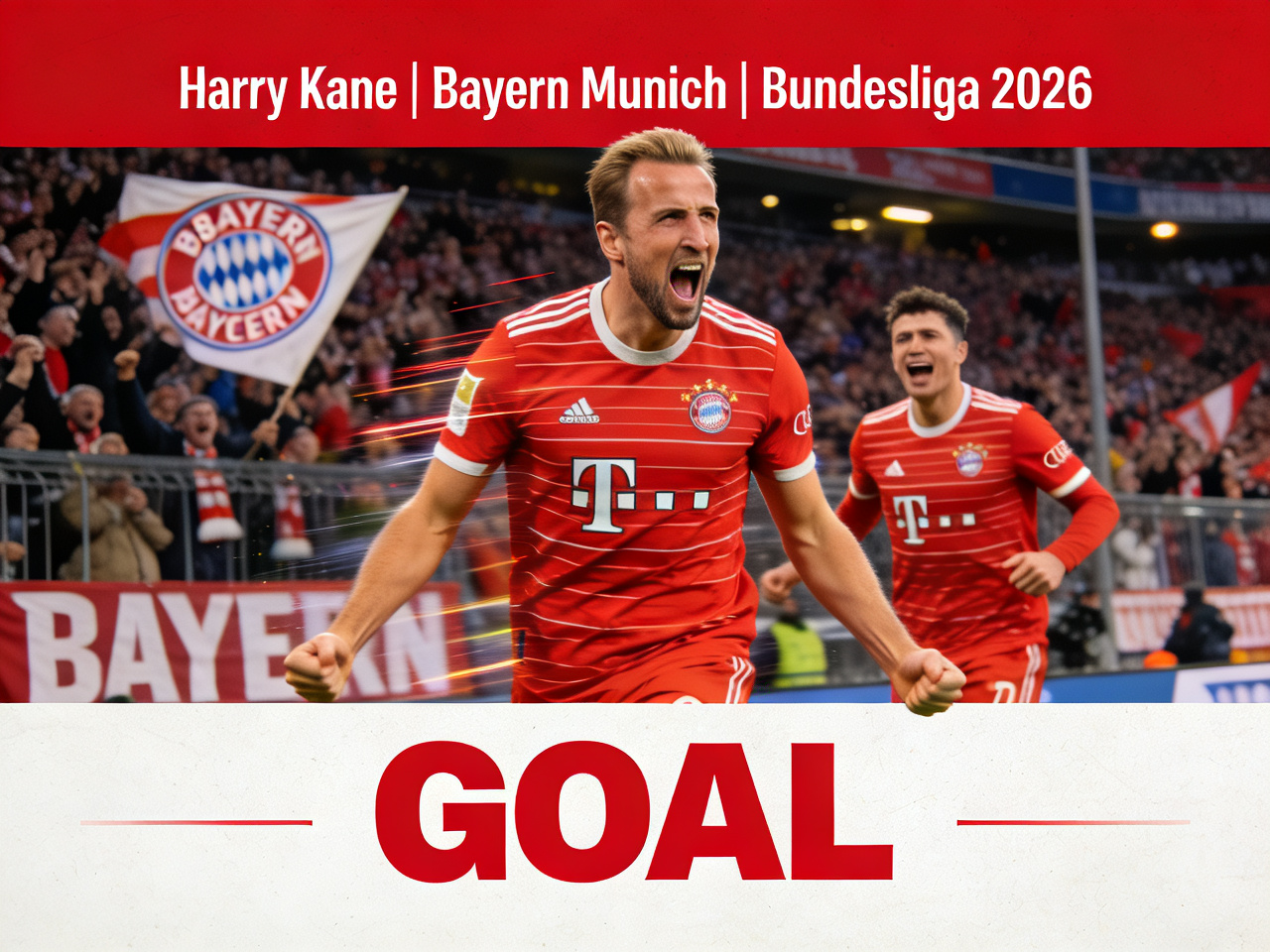 Harry Kane celebrating a goal in Bayern jersey, action shot