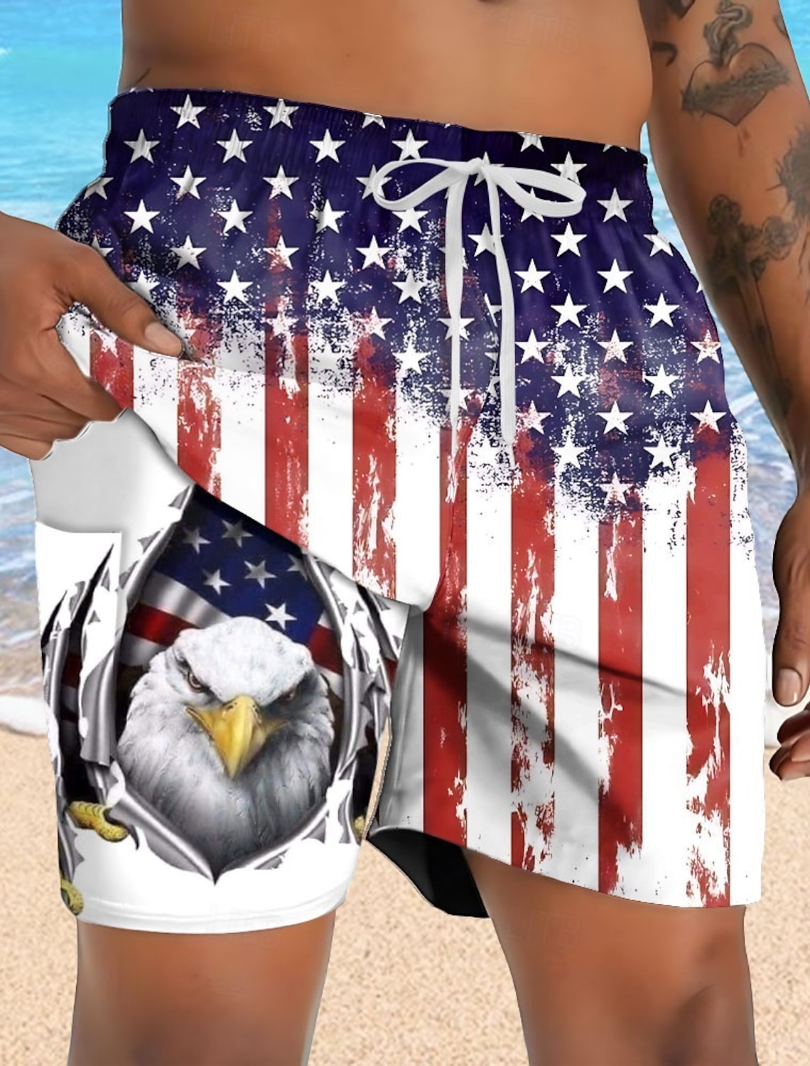 Independence Day Men's 4th of July U.S. 250th Anniversary Eagle US Flag Lined Shorts 2 in 1 Board Shorts Swim Trunks Mid Waist Holiday Side Pockets With Compression Liner Elastic Drawstring Waist