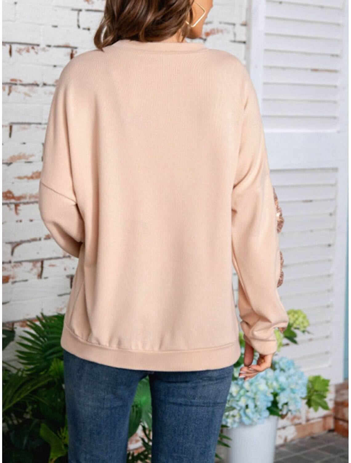 Women's Shirt Blouse Basic Casual Solid Color Regular Tops Long Sleeve Crew Neck Sequins Patchwork Bow Regular Fit Daily Fall Winter
