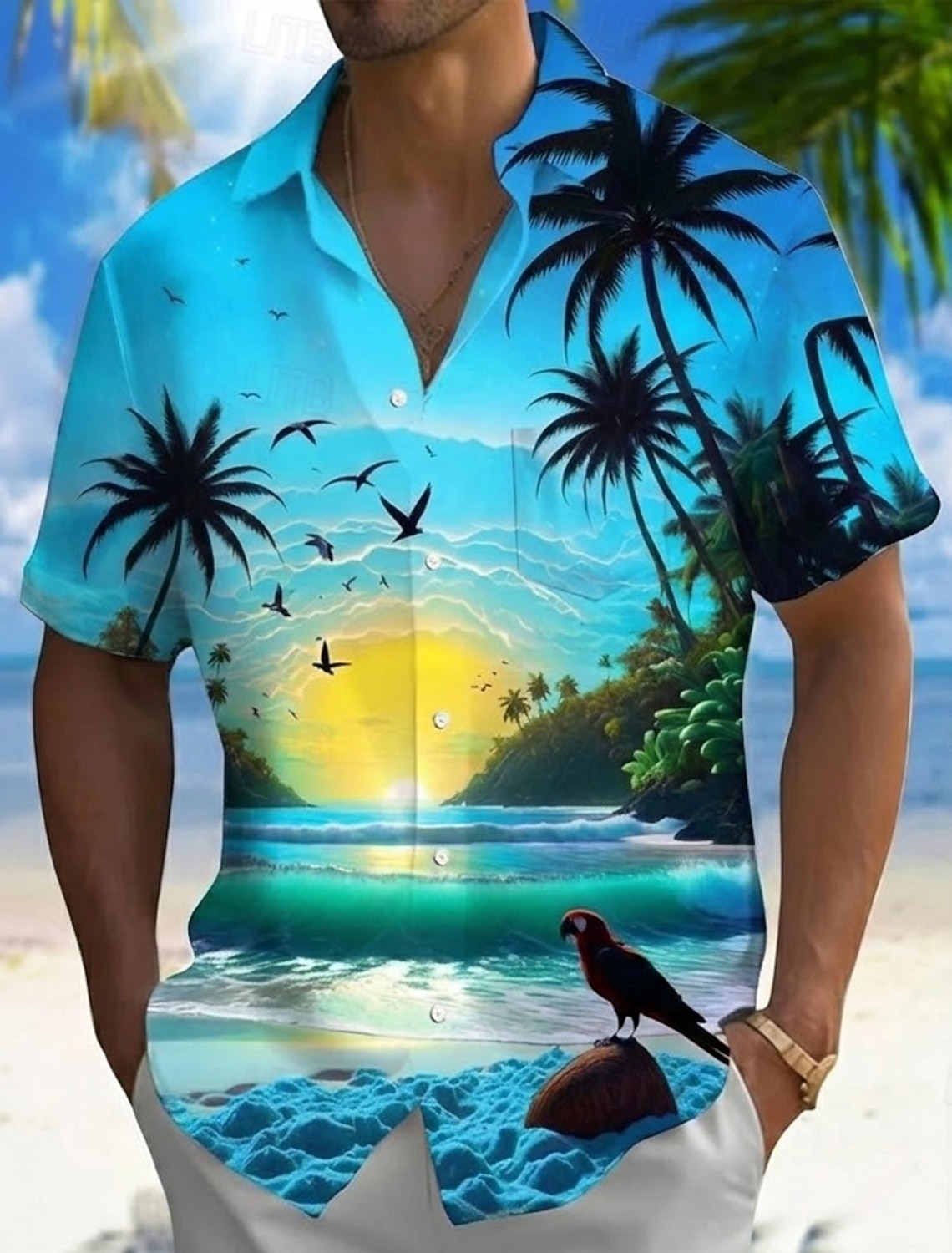 Men's Coconut Tree Ocean Tropical Plants Summer Hawaiian Shirt Button