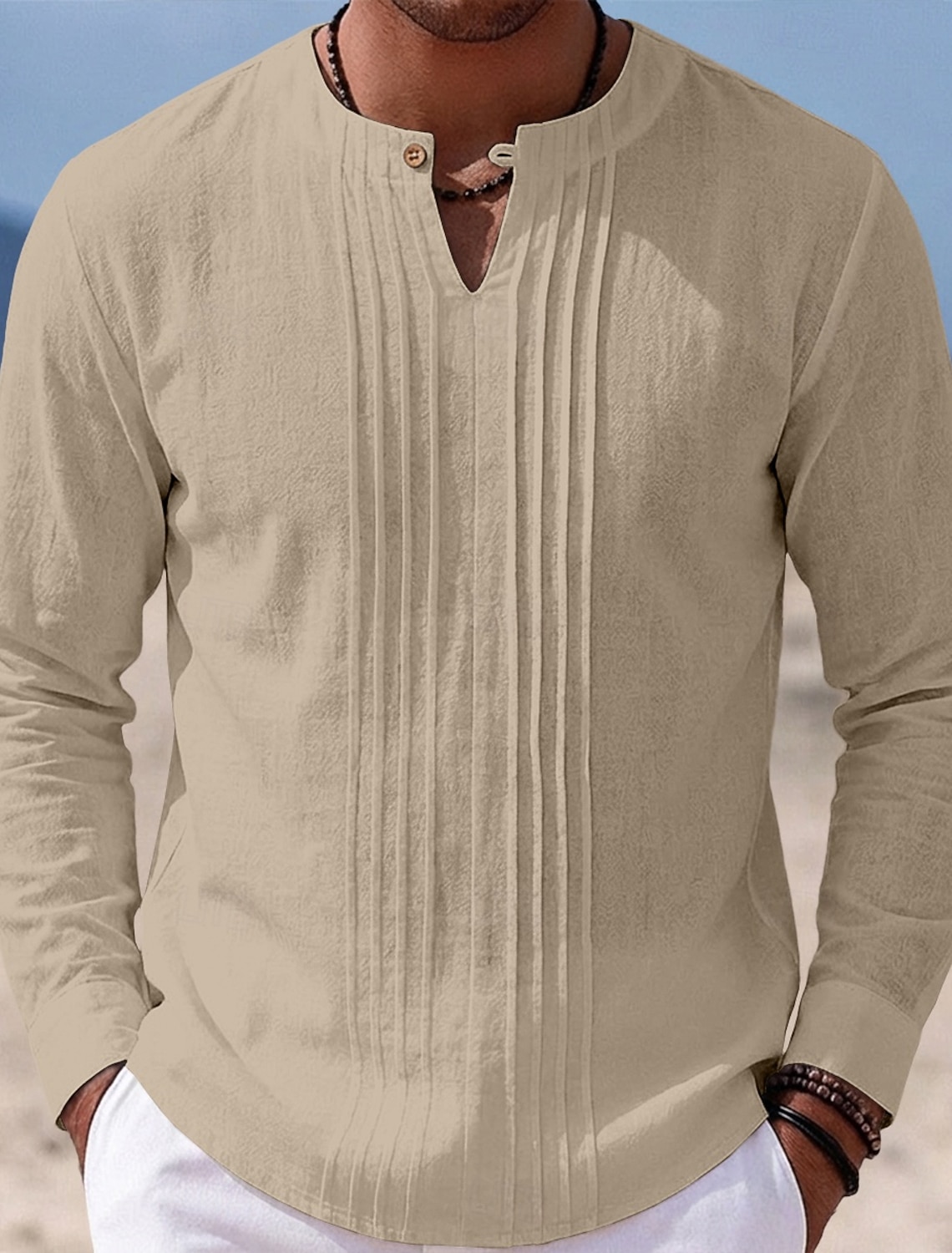 Men's Shirt Linen Shirt Summer Shirt Beach Shirt Solid Color Casual Vacation Blue Black White Khaki Long Sleeve Mandarin Collar Summer Spring Clothing Apparel Ruched