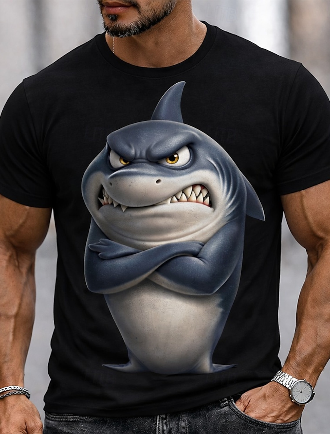 Men's Angry Shark Arms Crossed Baring Teeth Grumpy Cartoon Funny Humorous Quirky Short Sleeve T-Shirt Graphic Casual Fit Streetwear Daily Wear Designer Clothing Apparel S M L XL XXL XXXL