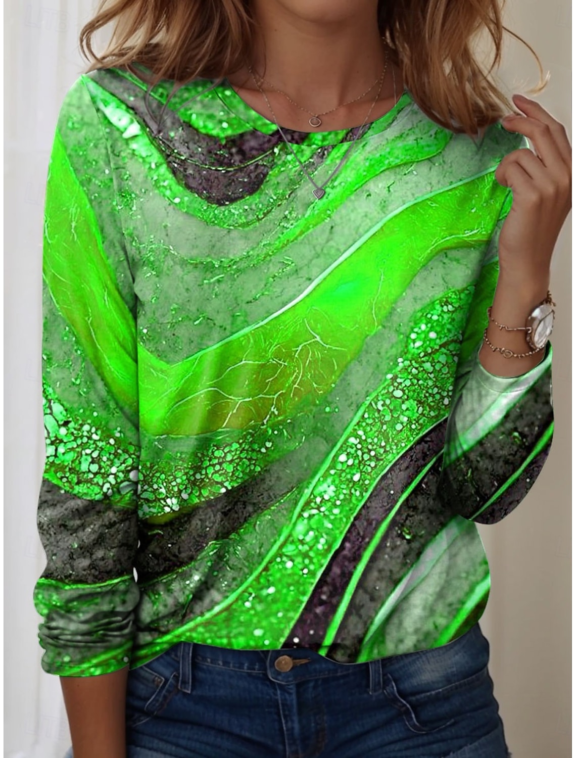 Women's T Shirt Buttons Print Ombre Graphic Vintage Fashion Stylish Long Sleeve V Neck Asymmetric Neck Regular Tops Daily Weekend Vacation Wear Blue Yellow Purple Green Gray Summer Spring