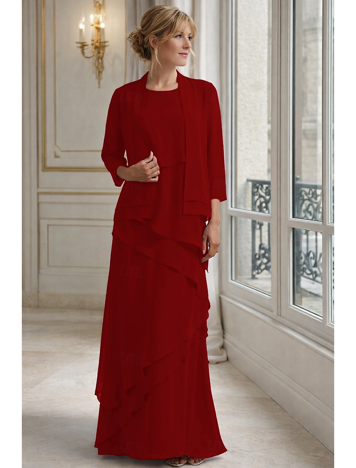 Two Piece A-Line Floor Length Wedding Guest Dress Mother of the Bride Dress Sleeveless Jewel Neck Elegant Wedding Guest Wedding Party Chiffon Wrap Included with Cascading Ruffles Solid Color