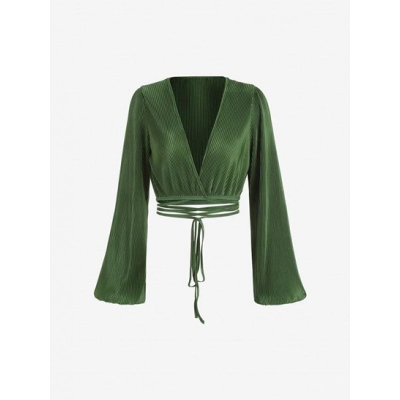 Long Sleeve Plisse Cropped Wrap Blouse FN6272