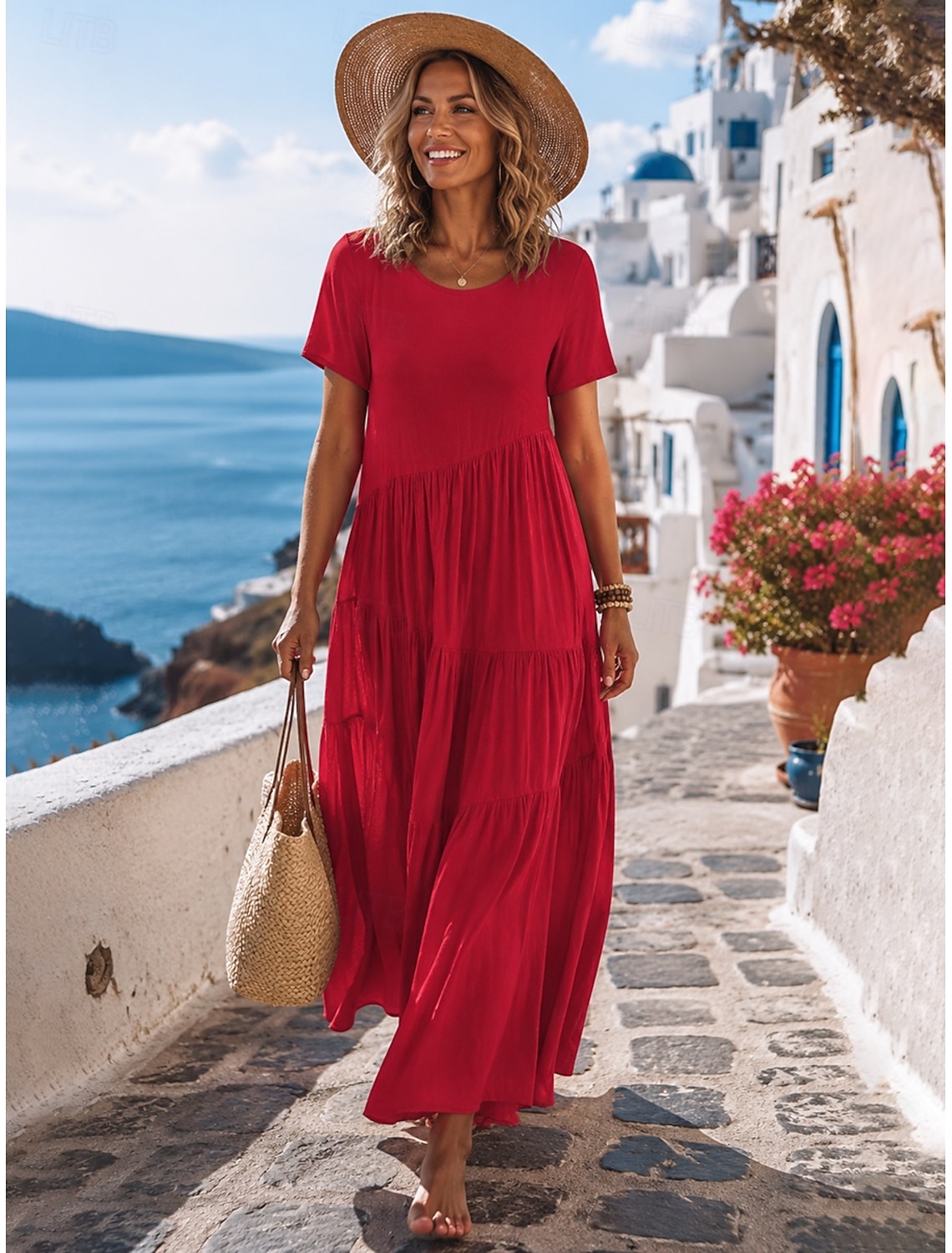 Women's Vintage Crew Neck Ruffle Pleated Asymmetric Maxi Dress Khaki Black White Pink Summer