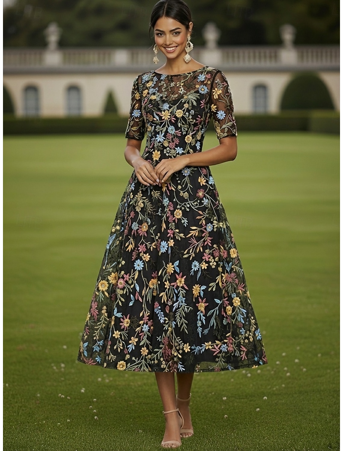 A-Line Dress Tea Length Cocktail Dress Wedding Guest Dress Mother of the Bride Dress Half Sleeve Crew Neck Boat Neck Elegant Casual Formal Kentucky Derby Semi Formal Tulle with Embroidery Appliques