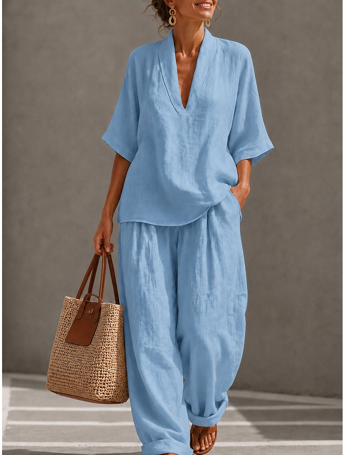 Women's Cotton Linen Sets 3/4 Length Sleeve Stand Collar Solid Color Daily Distressed Casual Daily Black Yellow Wine Summer Loose Fit