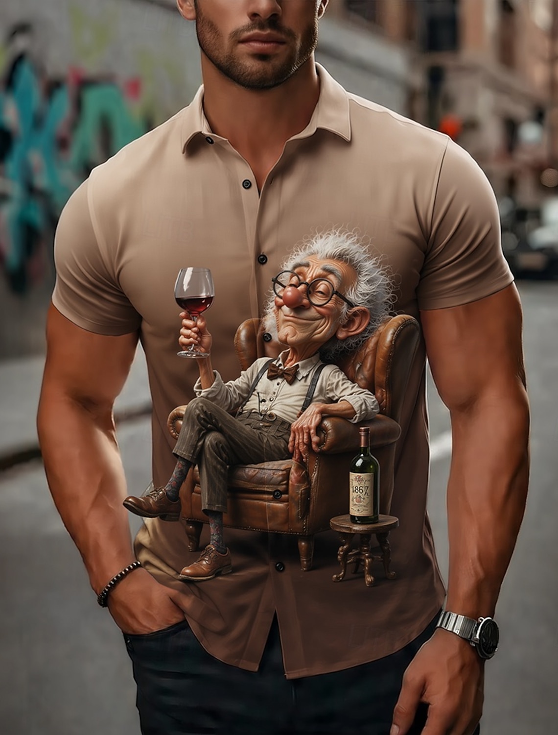 Men's Guitarist Player Cartoon Character Old Man Shirt Summer Shirt Button Up Shirt Short Sleeve Funny Vintage Retro Daily Outdoor Vacation Summer Spring Turndown 3D Print Collared Shirts Blue Violet