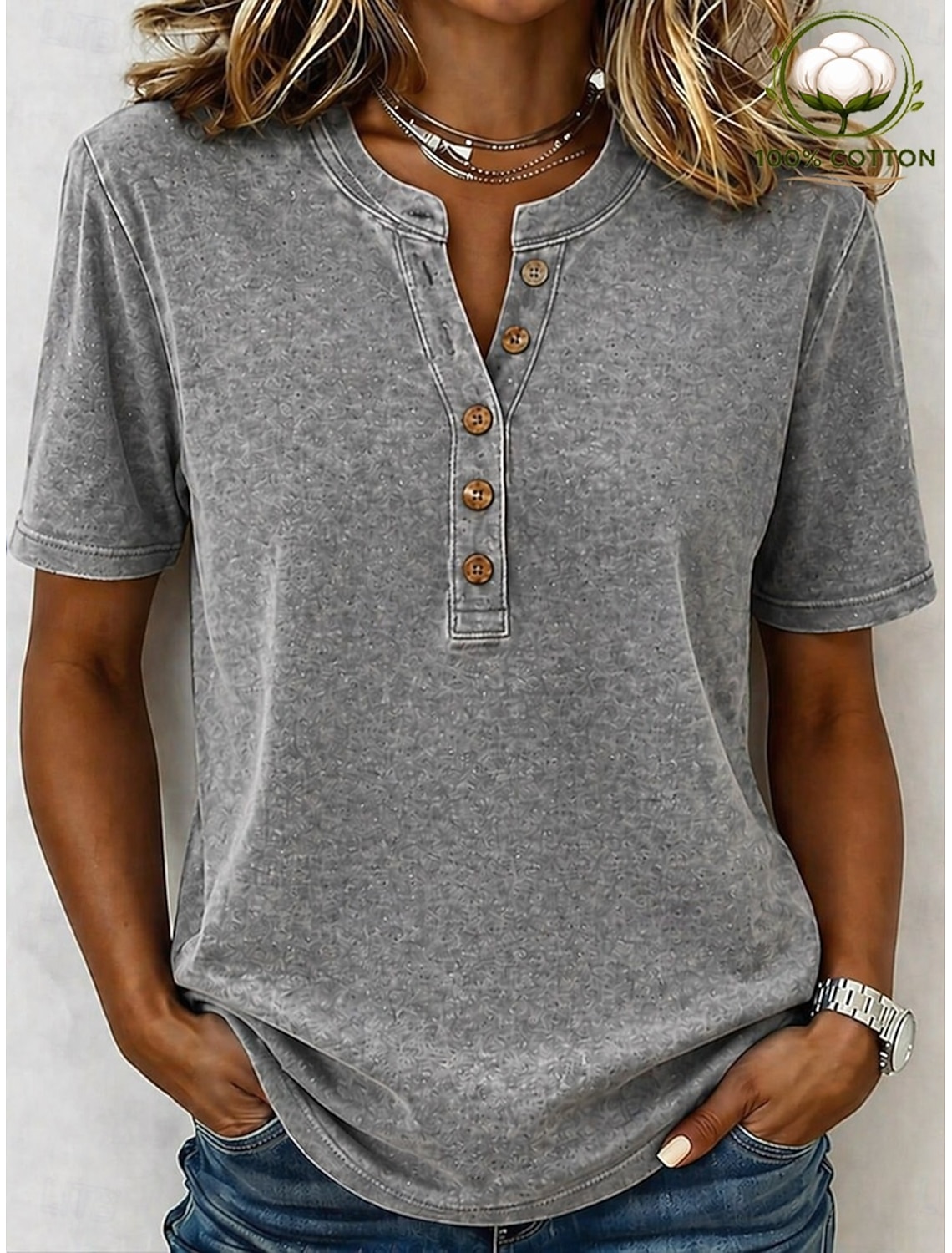 Women's Vintage 100% Cotton Henley Shirt - Soft Washed Short Sleeve Basic Tops
