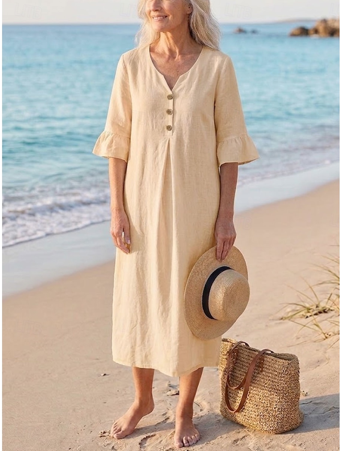 Women's Midi Dress Sundress Casual Dress Vacation Casual Boho Beach Party Date Regular Fit Plain Short Sleeve V Neck Blue White Beige Summer Spring
