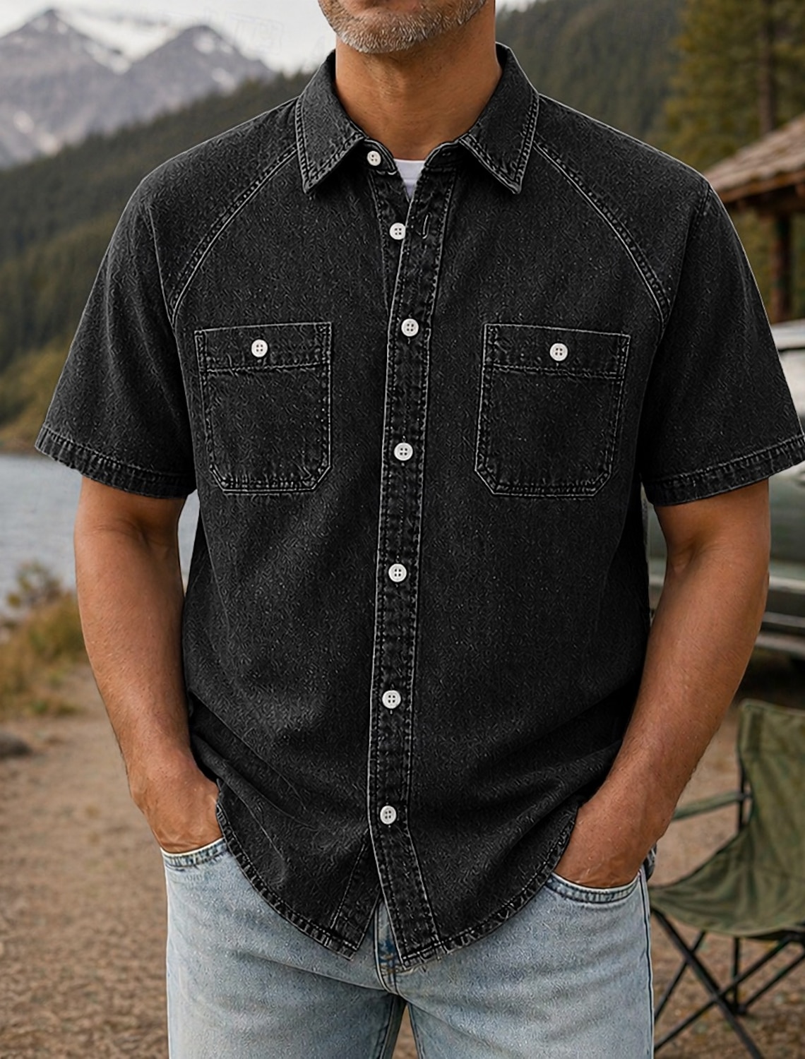 Men's Shirt Casual Shirt Work Shirt Garment Dyed Acid Wash Shirt Black Light Green Purple khaki Military Green Short Sleeve Plain Shirt Collar Casual Daily Front Pocket Clothing Apparel Cotton